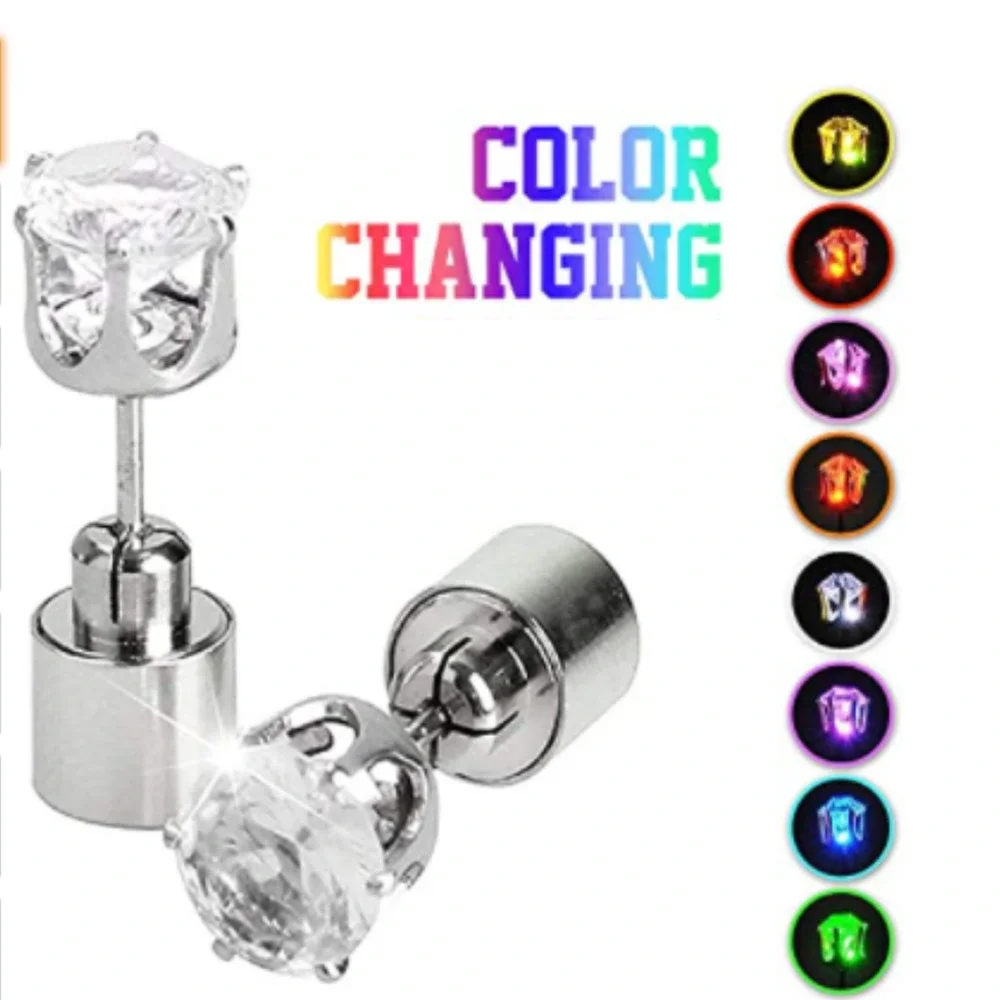 LED Earrings Blinking Multi Colored Light Up CZ Diamond Stud Changing colors NEW - Picture 1 of 10